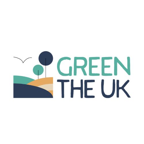 Green the UK text with trees and rolling hills